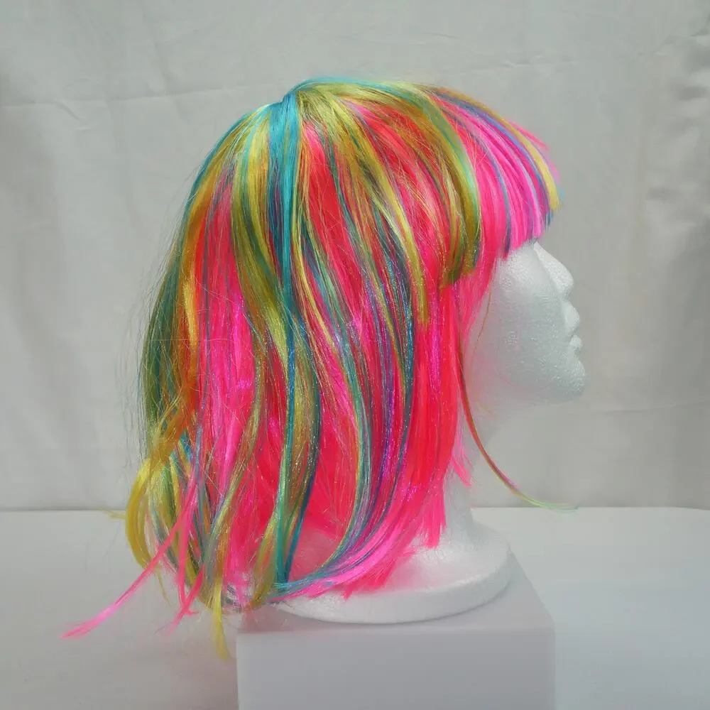 Neon Rainbow Cosplay Wig – Pink with Blue Yellow Green Streaks – Costume Hair